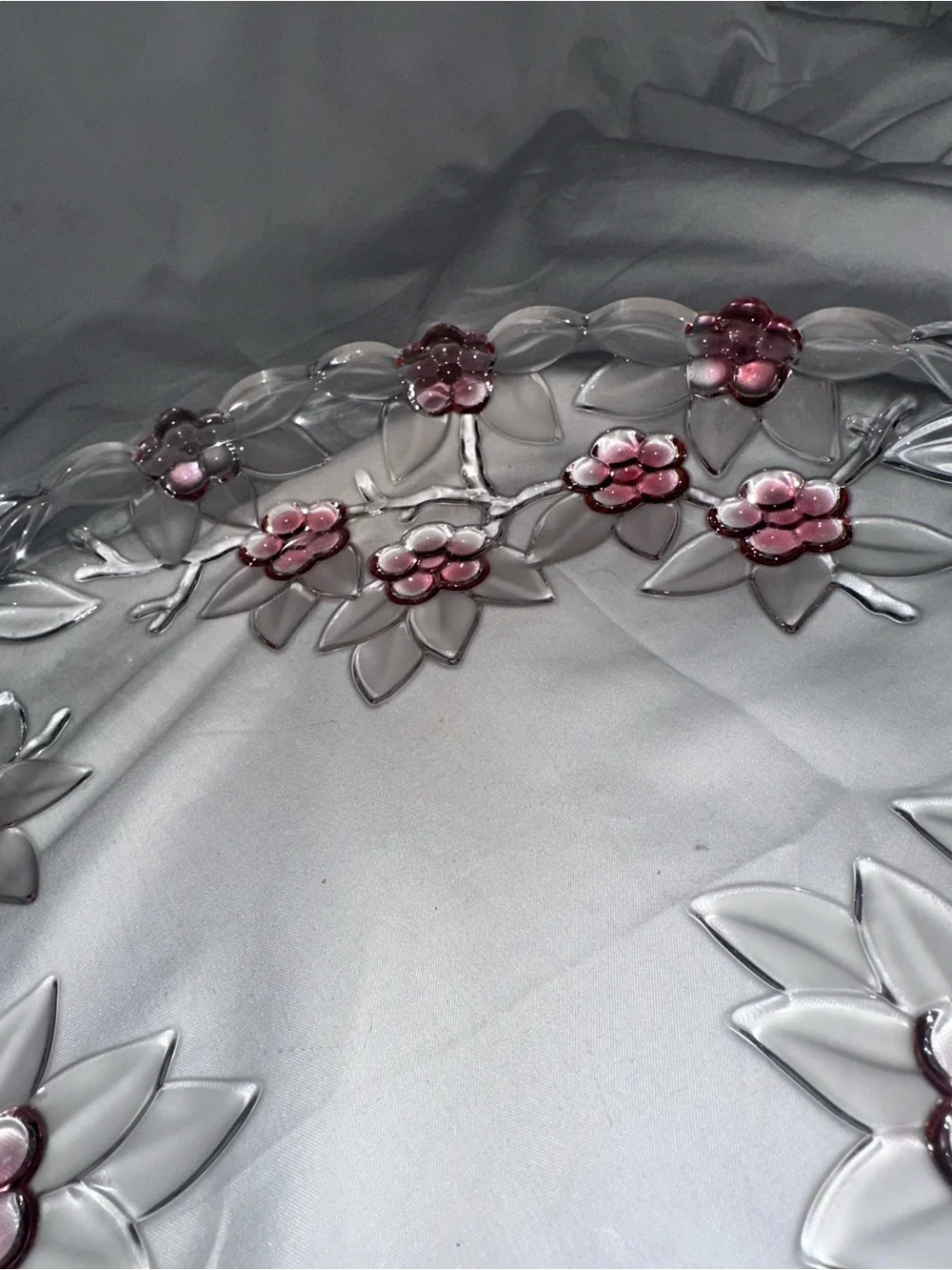 Pink Floral Clear Glass 11.5” Serving Platter Raised Flowers